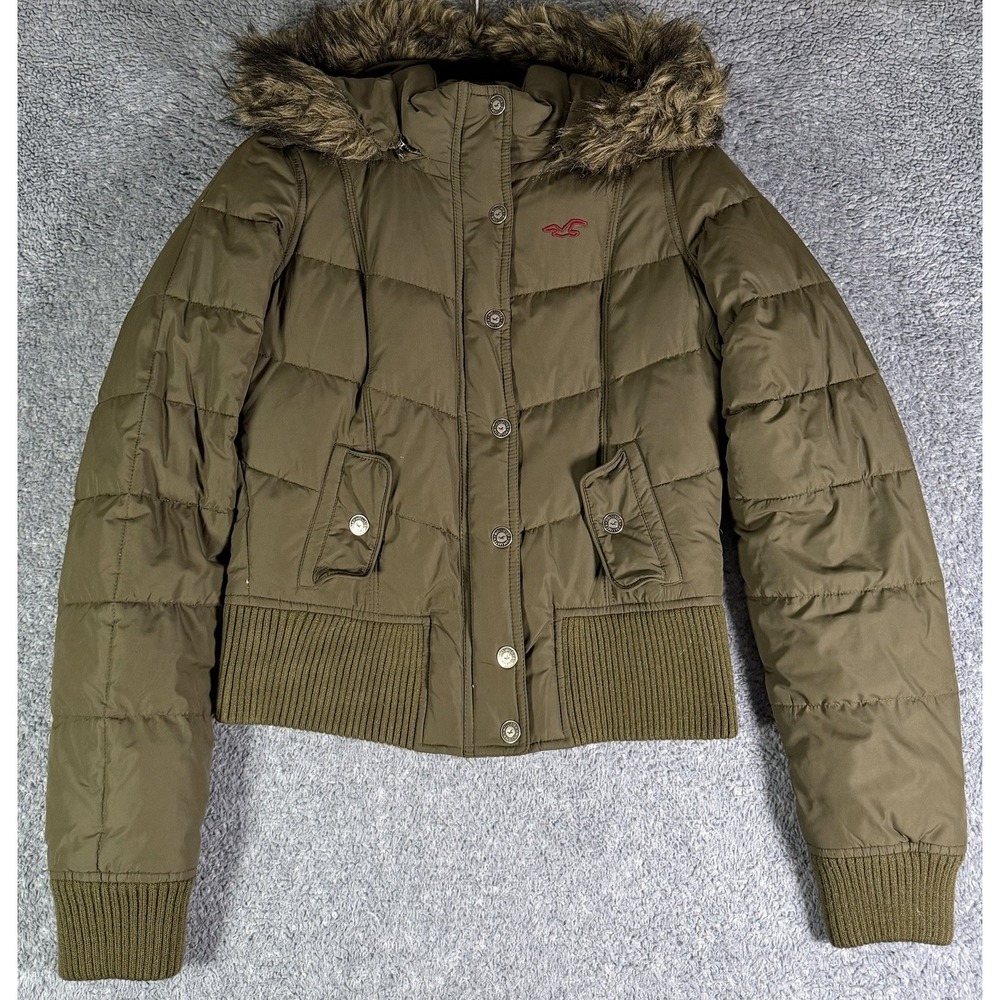 Hollister Down Puffer Olive Green Bomber Jacket Size L Faux Fur Trim Hood Y2K